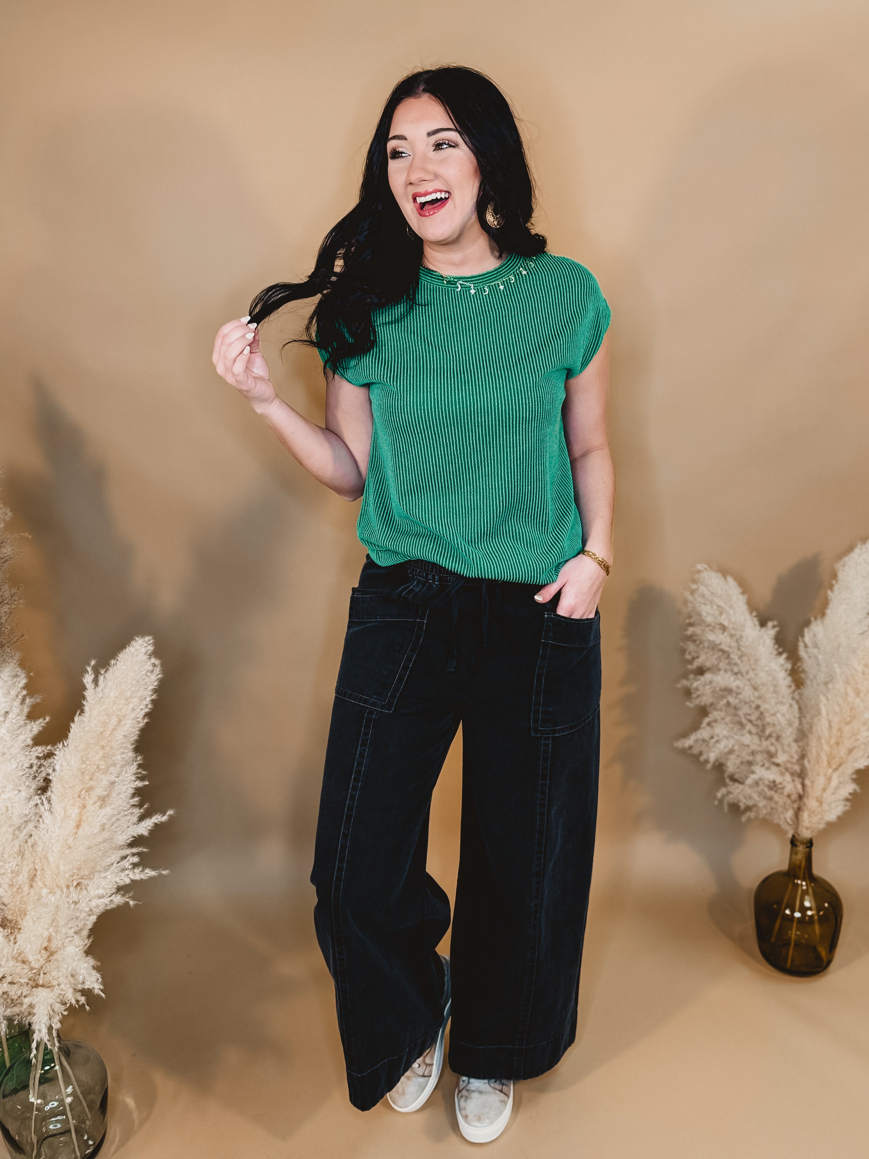 Mineral Wash Wide Leg Elastic Waist Twill Pant - Black - Lace and Grace Boutique