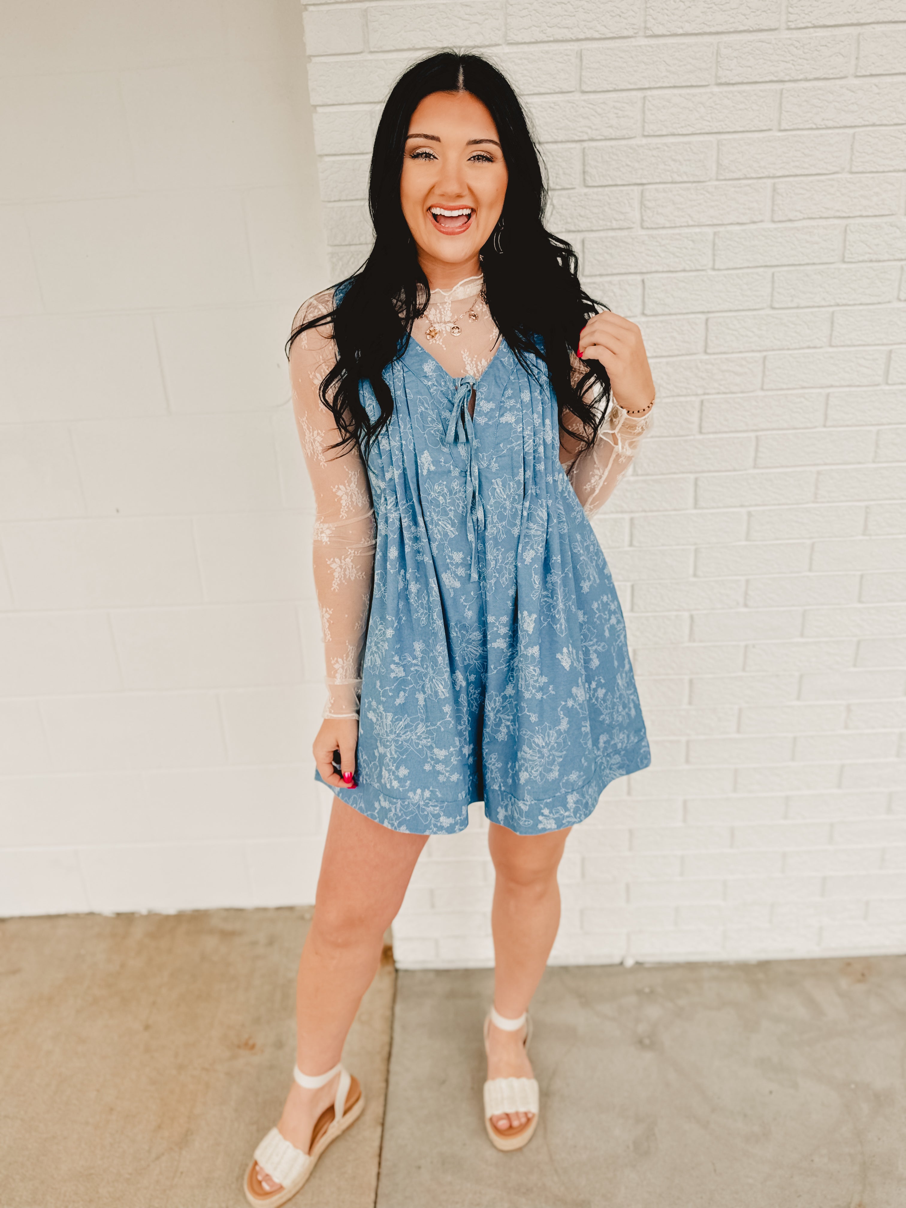 Floral Print Pintuck Detail Romper - Denim - Lace and Grace Boutique