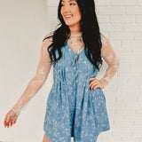 Floral Print Pintuck Detail Romper - Denim - Lace and Grace Boutique