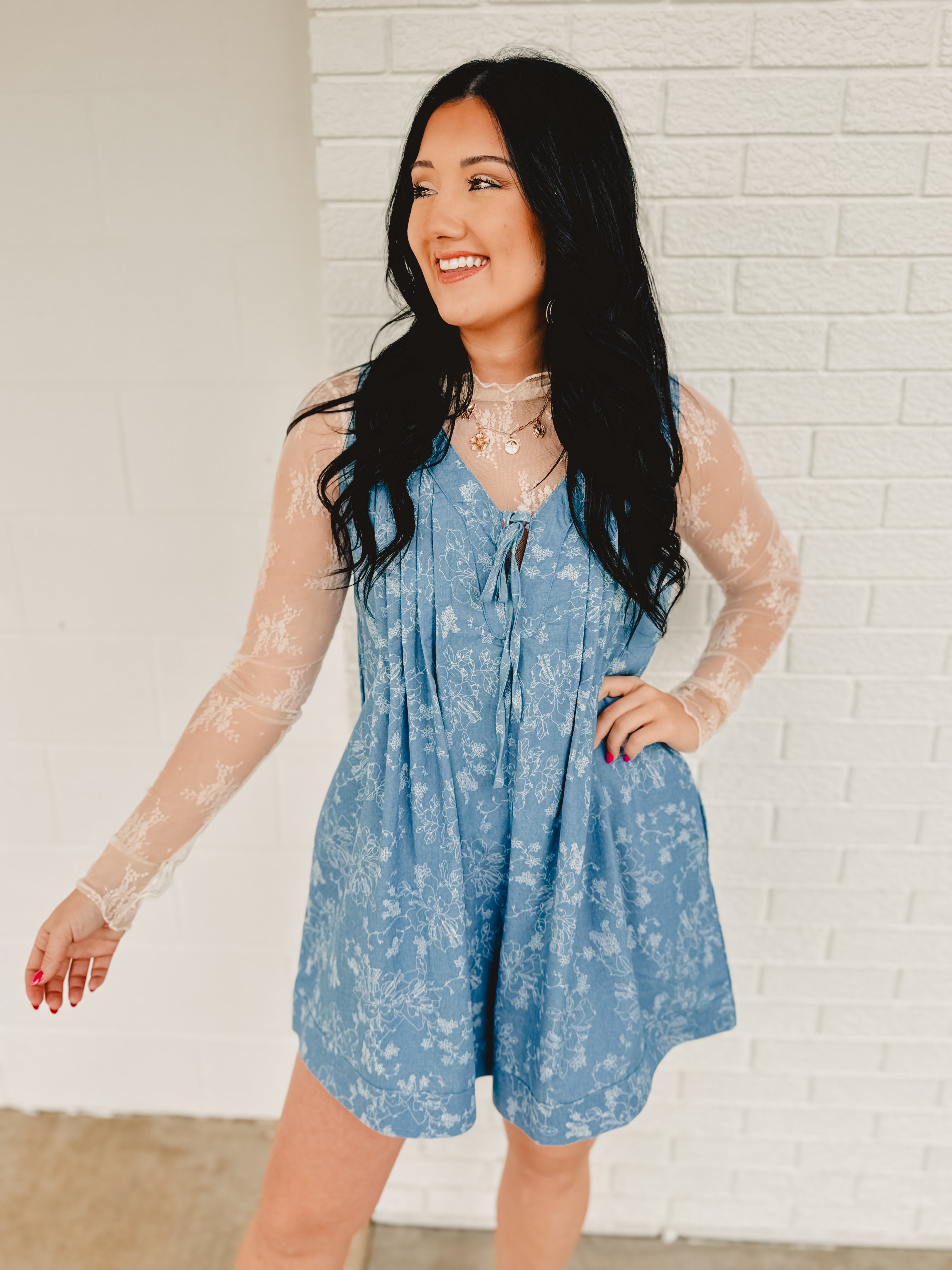Floral Print Pintuck Detail Romper - Denim - Lace and Grace Boutique