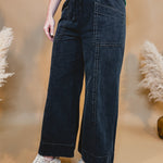 Mineral Wash Wide Leg Elastic Waist Twill Pant - Black - Lace and Grace Boutique