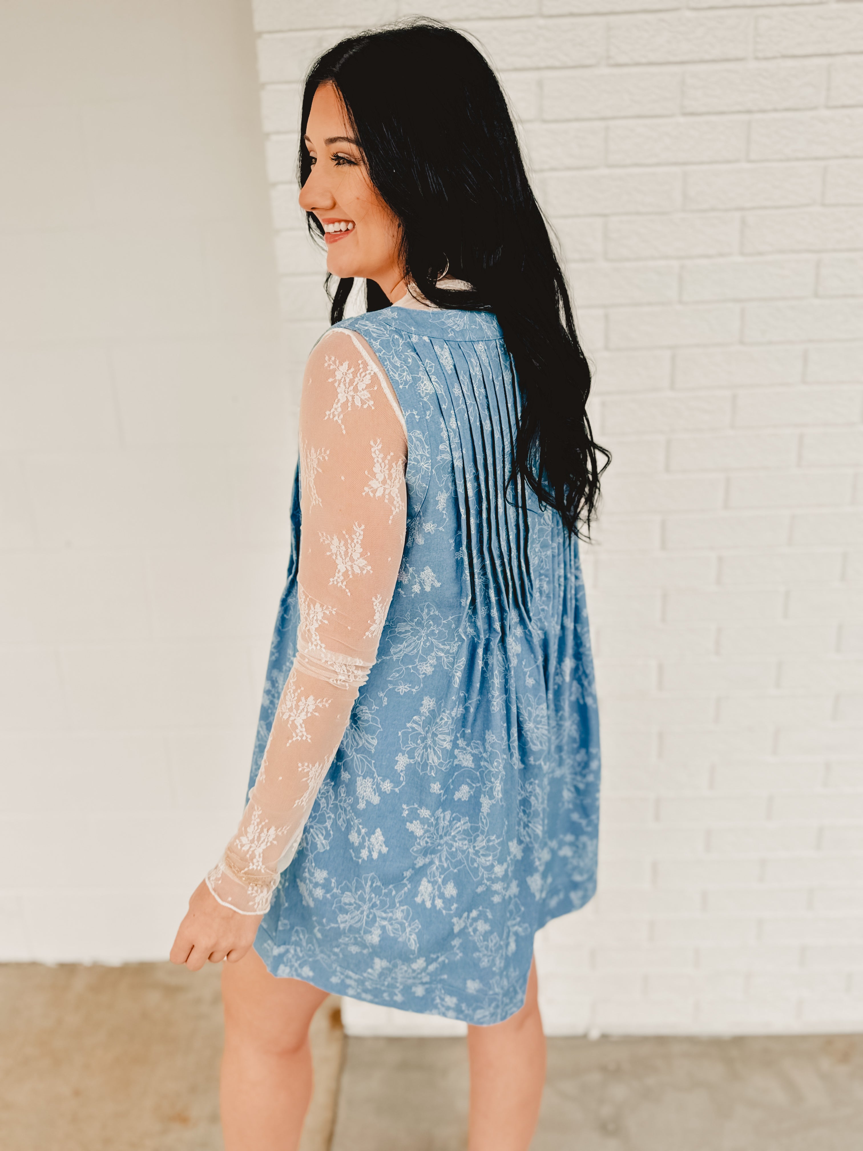 Floral Print Pintuck Detail Romper - Denim - Lace and Grace Boutique