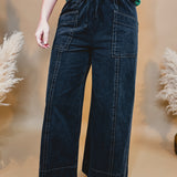 Mineral Wash Wide Leg Elastic Waist Twill Pant - Black - Lace and Grace Boutique