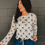 Crochet Flower Knit Long Sleeve Top - Blue Multi - Lace and Grace Boutique
