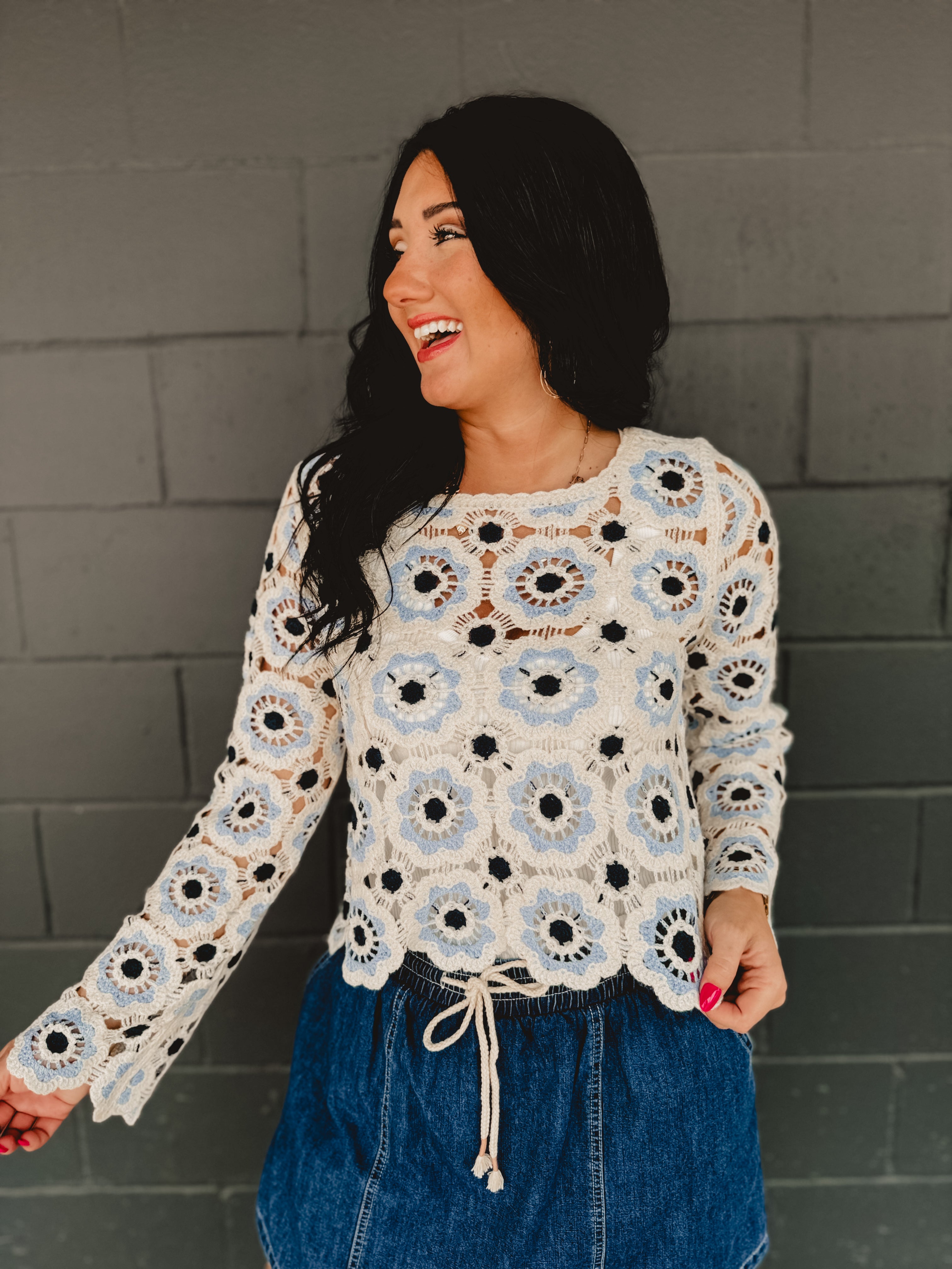 Crochet Flower Knit Long Sleeve Top - Blue Multi - Lace and Grace Boutique