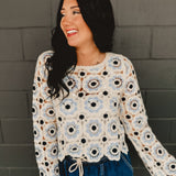 Crochet Flower Knit Long Sleeve Top - Blue Multi - Lace and Grace Boutique