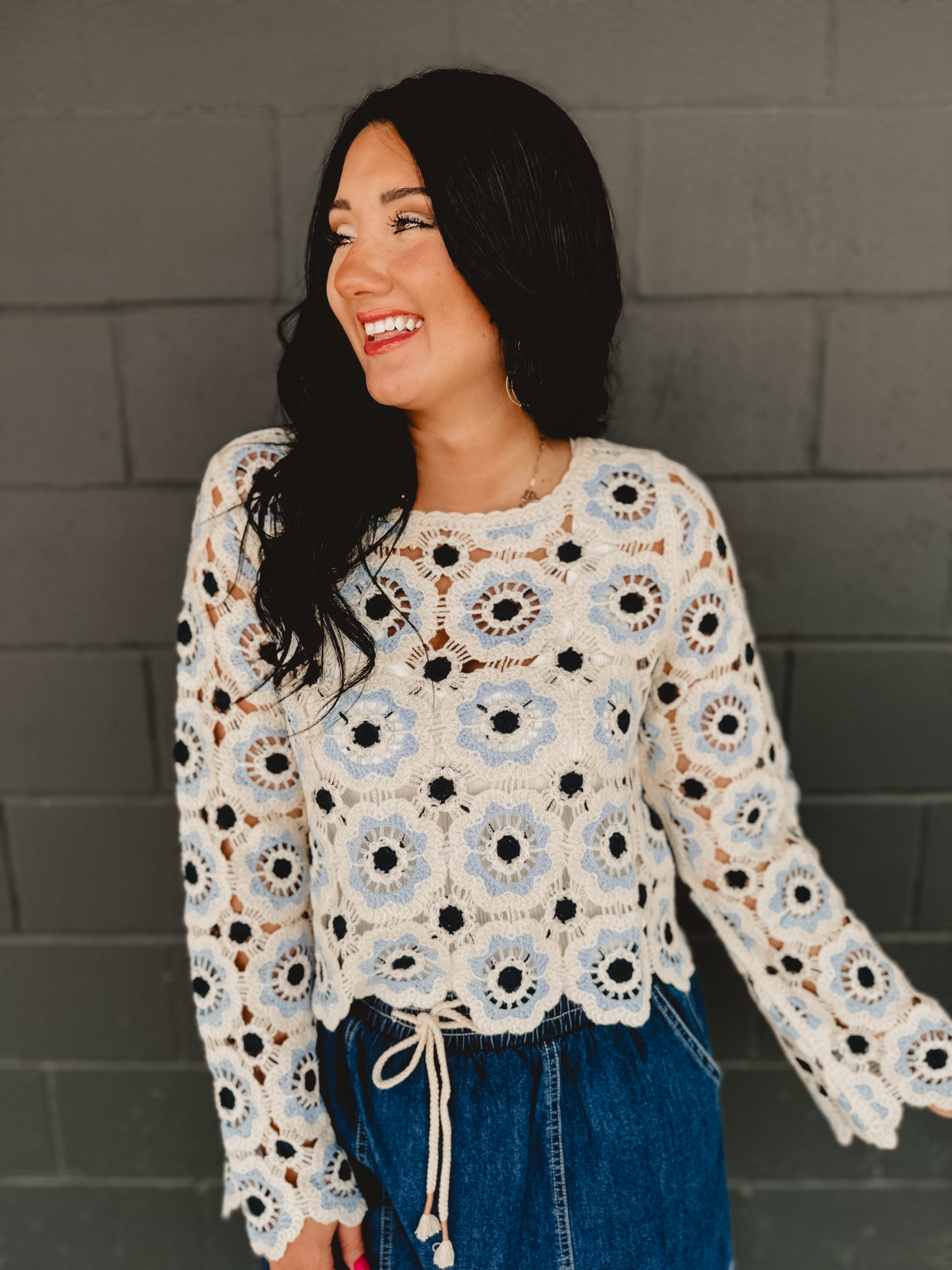 Crochet Flower Knit Long Sleeve Top - Blue Multi - Lace and Grace Boutique