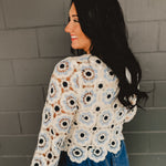 Crochet Flower Knit Long Sleeve Top - Blue Multi - Lace and Grace Boutique