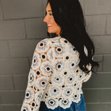Crochet Flower Knit Long Sleeve Top - Blue Multi - Lace and Grace Boutique