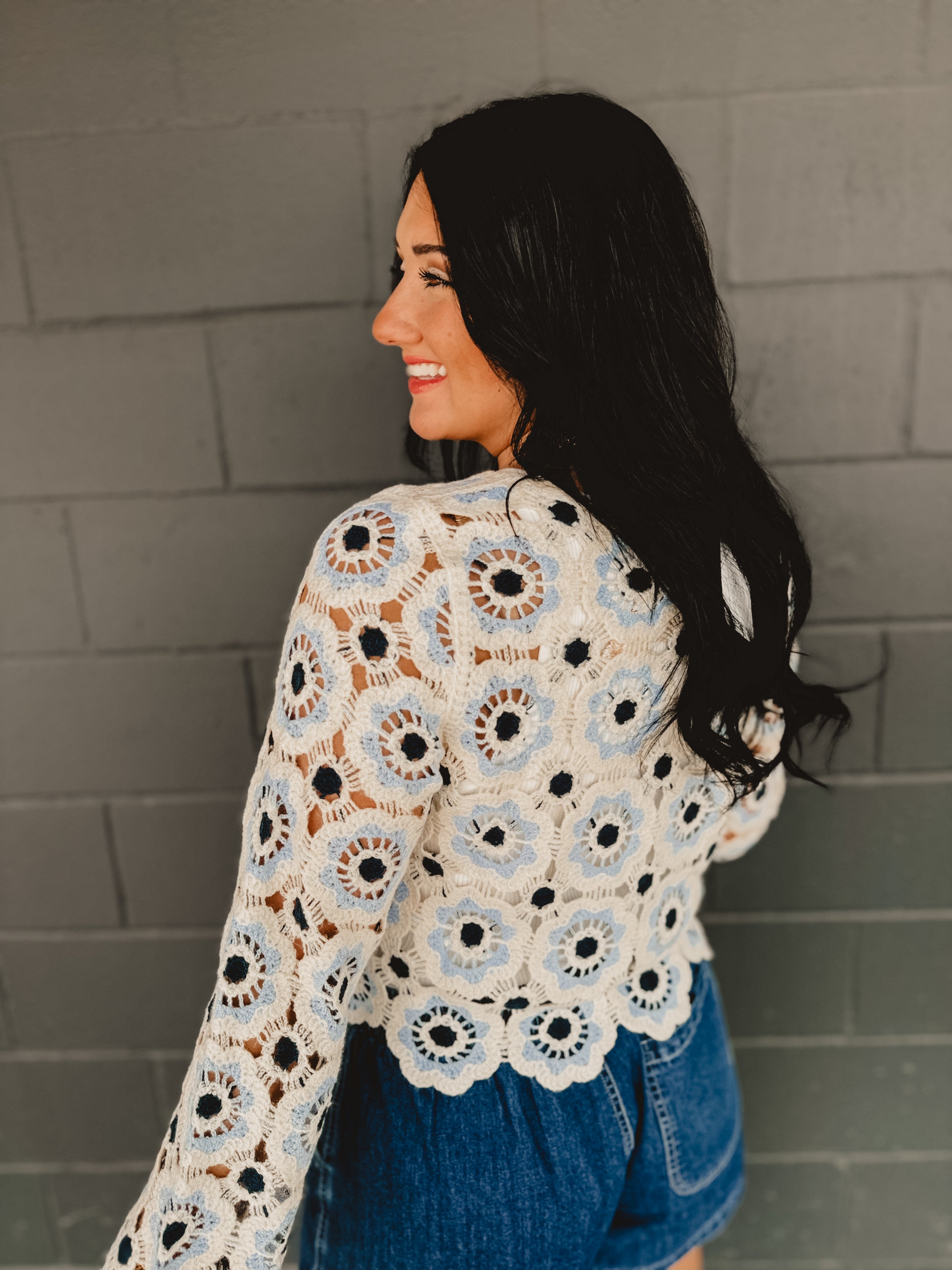 Crochet Flower Knit Long Sleeve Top - Blue Multi - Lace and Grace Boutique