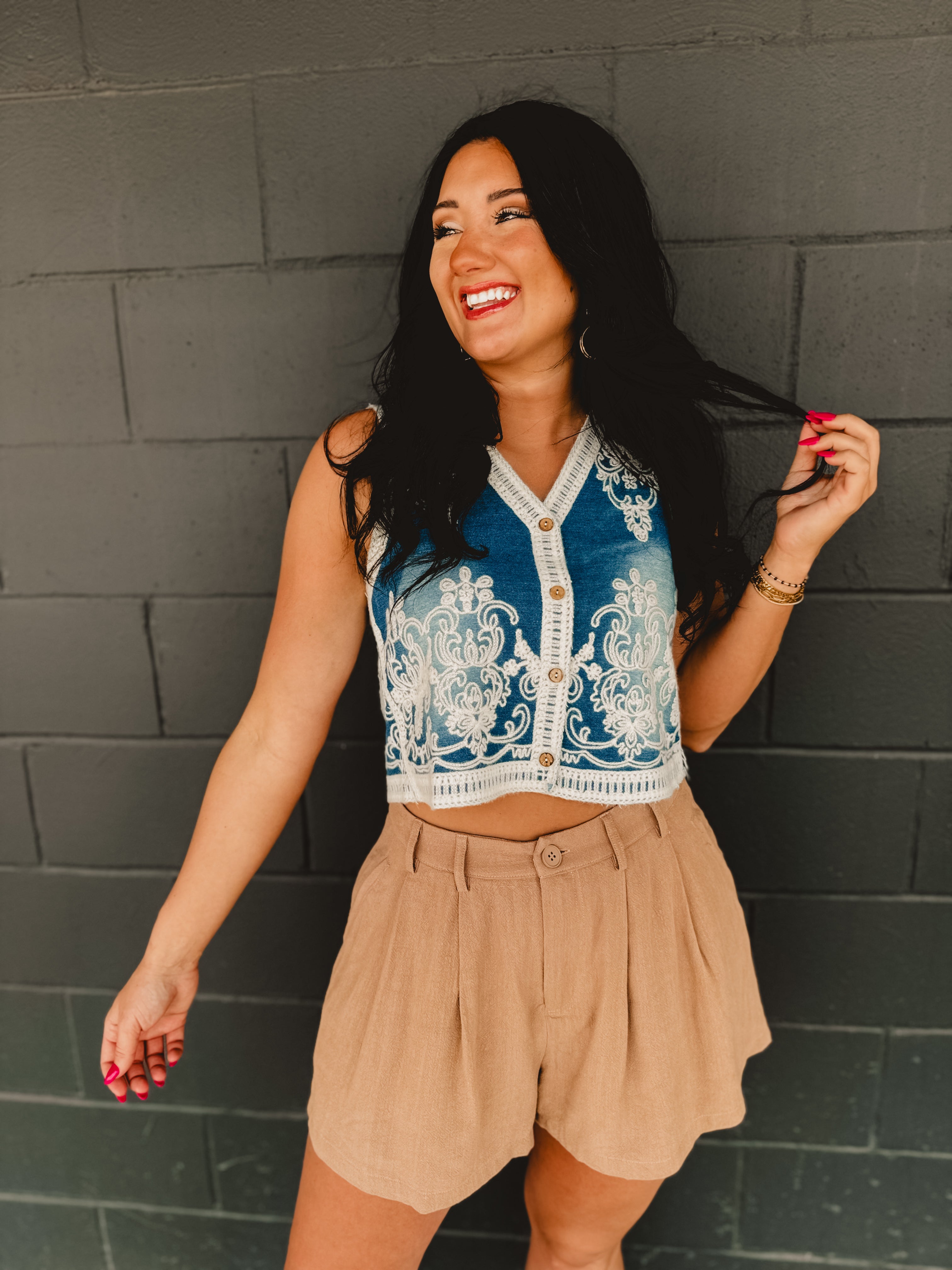 Denim Washed Embroidered Vest - Medium Wash - Lace and Grace Boutique