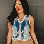 Denim Washed Embroidered Vest - Medium Wash - Lace and Grace Boutique