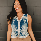 Denim Washed Embroidered Vest - Medium Wash - Lace and Grace Boutique