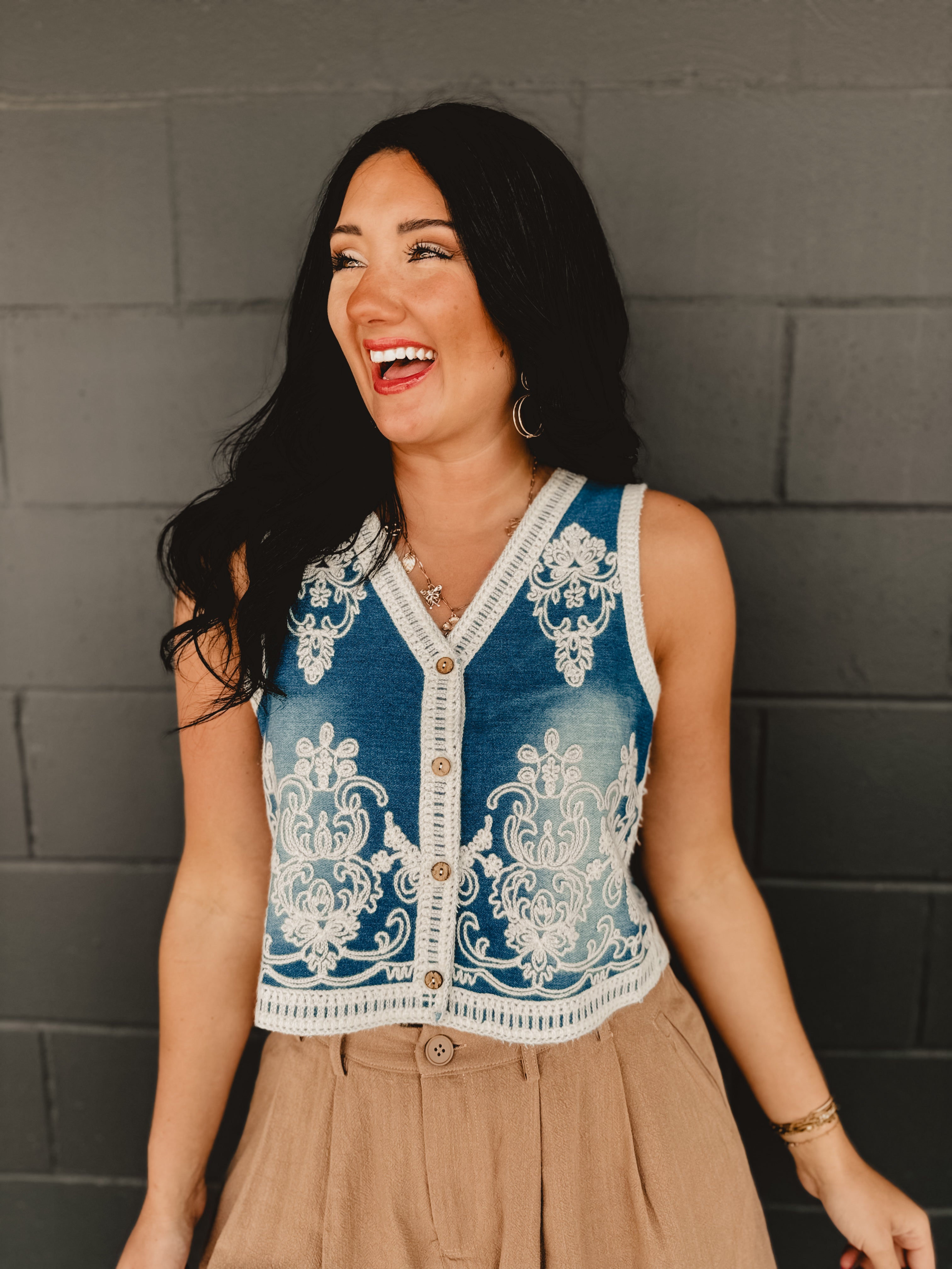 Denim Washed Embroidered Vest - Medium Wash - Lace and Grace Boutique