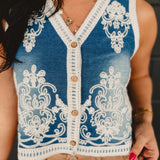 Denim Washed Embroidered Vest - Medium Wash - Lace and Grace Boutique