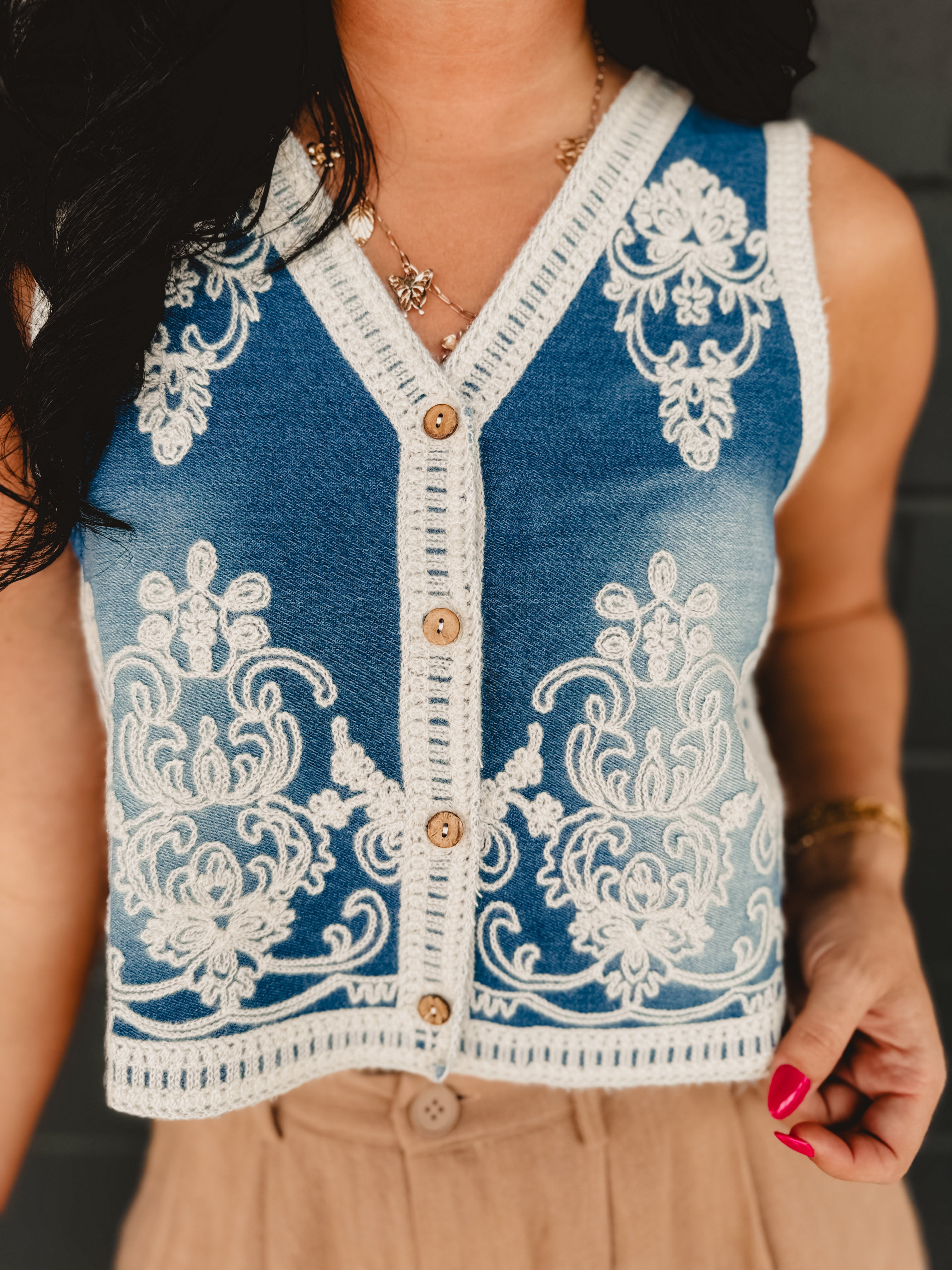 Denim Washed Embroidered Vest - Medium Wash - Lace and Grace Boutique