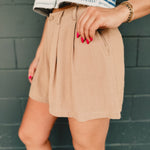 Linen Blend Pleated Bermuda Short - Cappuccino - Lace and Grace Boutique