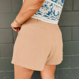 Linen Blend Pleated Bermuda Short - Cappuccino - Lace and Grace Boutique