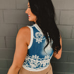 Denim Washed Embroidered Vest - Medium Wash - Lace and Grace Boutique