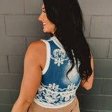 Denim Washed Embroidered Vest - Medium Wash - Lace and Grace Boutique