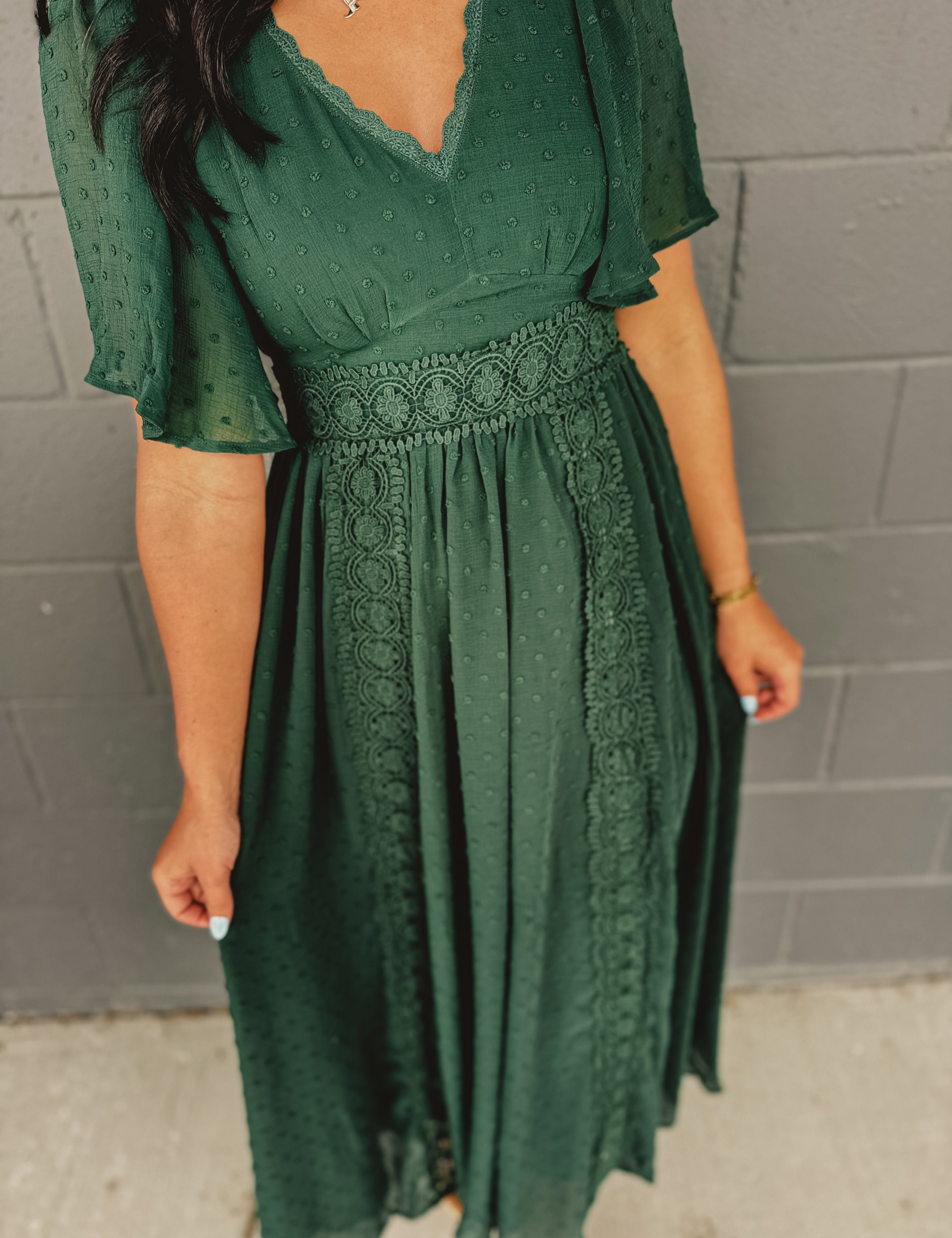 Swiss Dot Lace Maxi Dress - Evergreen - Lace and Grace Boutique
