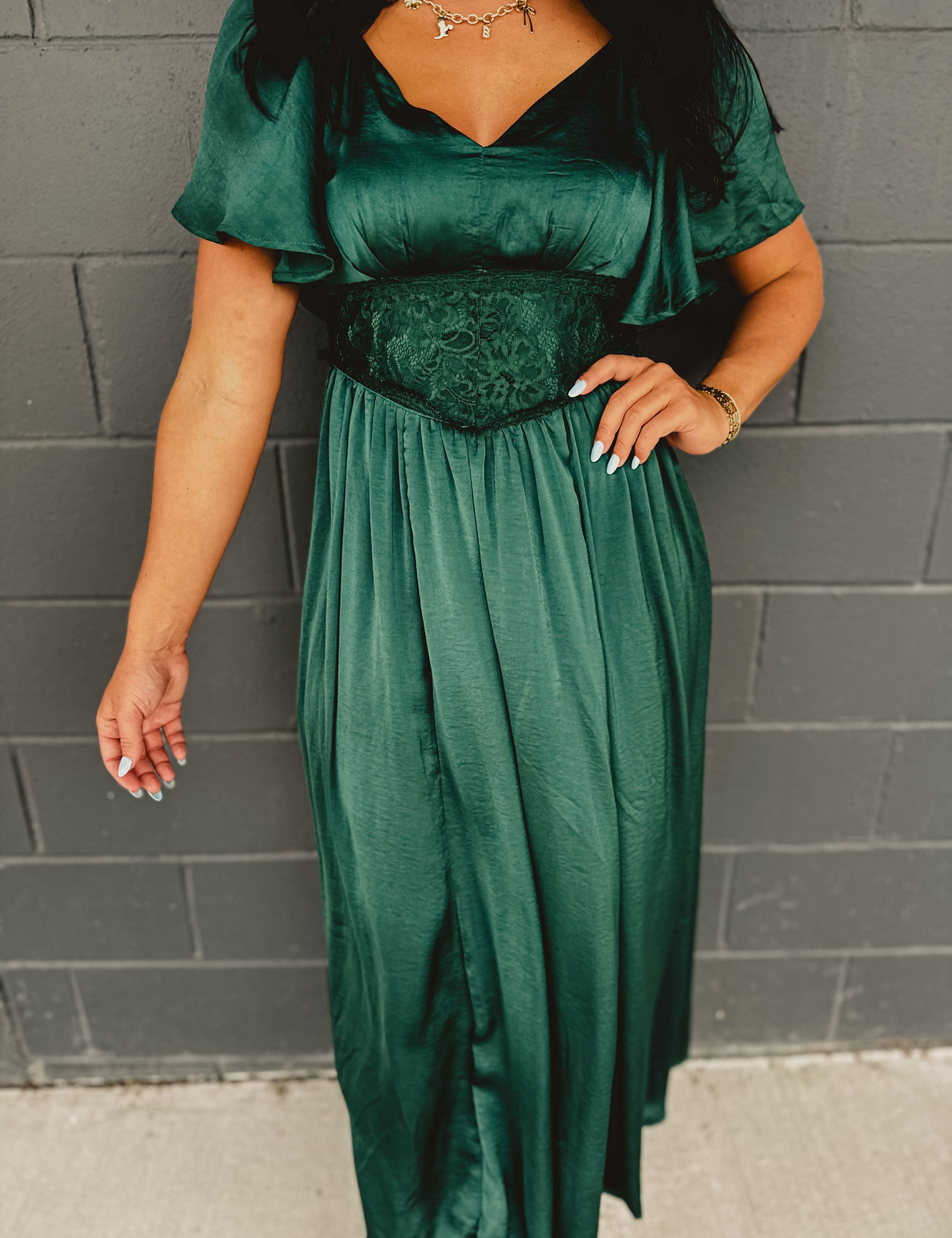 Washed Satin Lace Maxi Dress - Emerald - Lace and Grace Boutique