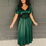 Washed Satin Lace Maxi Dress - Emerald - Lace and Grace Boutique