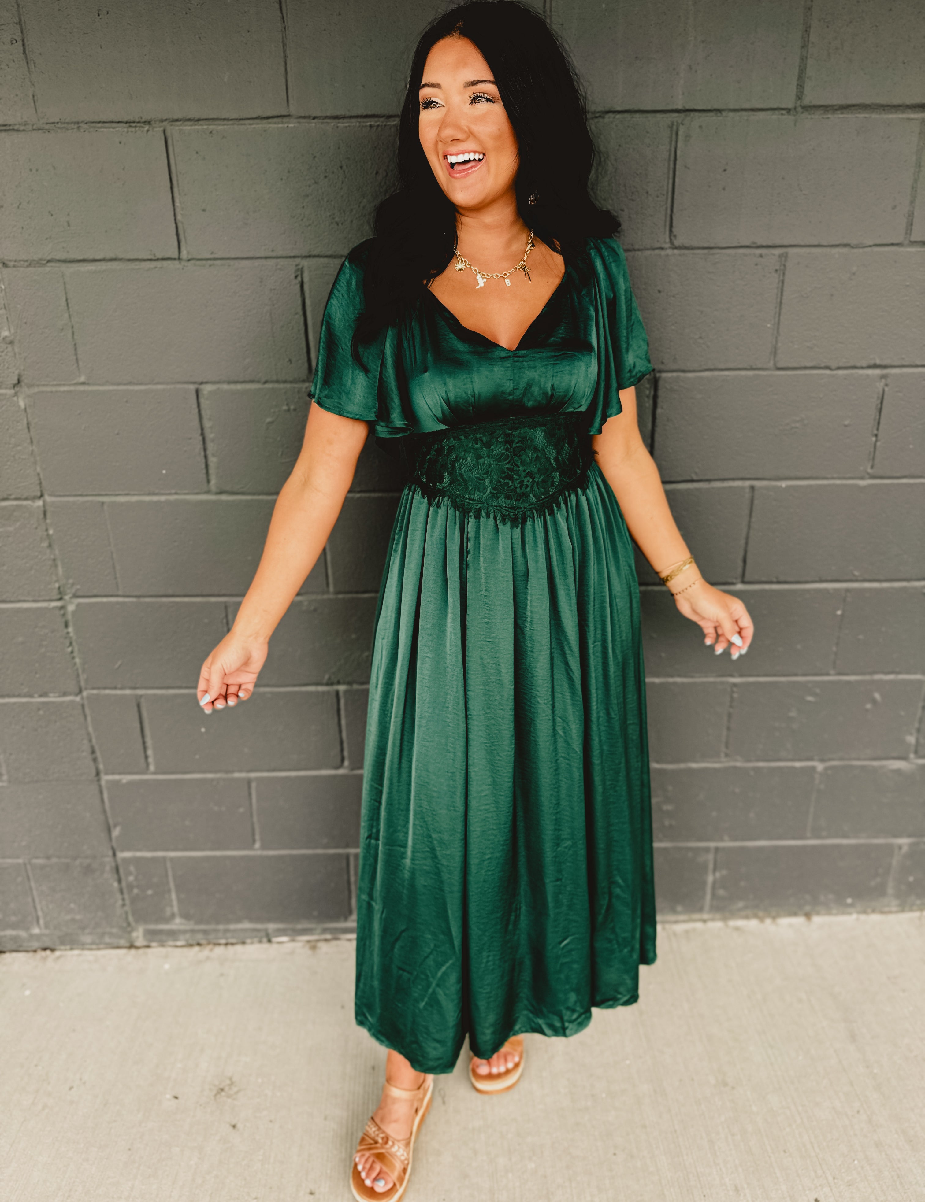 Washed Satin Lace Maxi Dress - Emerald - Lace and Grace Boutique