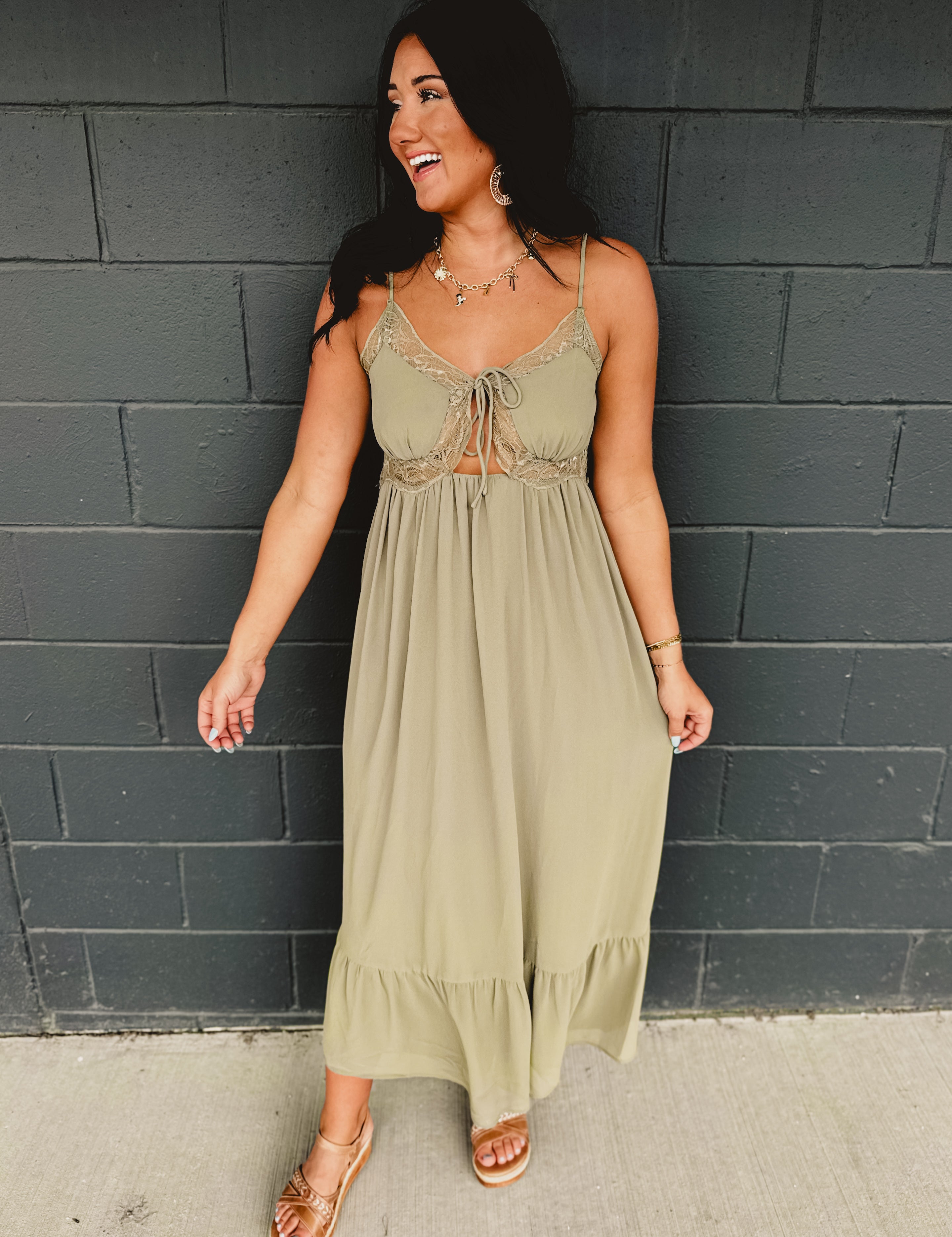Lace Trim Detail Maxi Dress - Olive - Lace and Grace Boutique