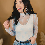 Mesh Lace High Neck Long Sleeve Top - Light Blue - Lace and Grace Boutique