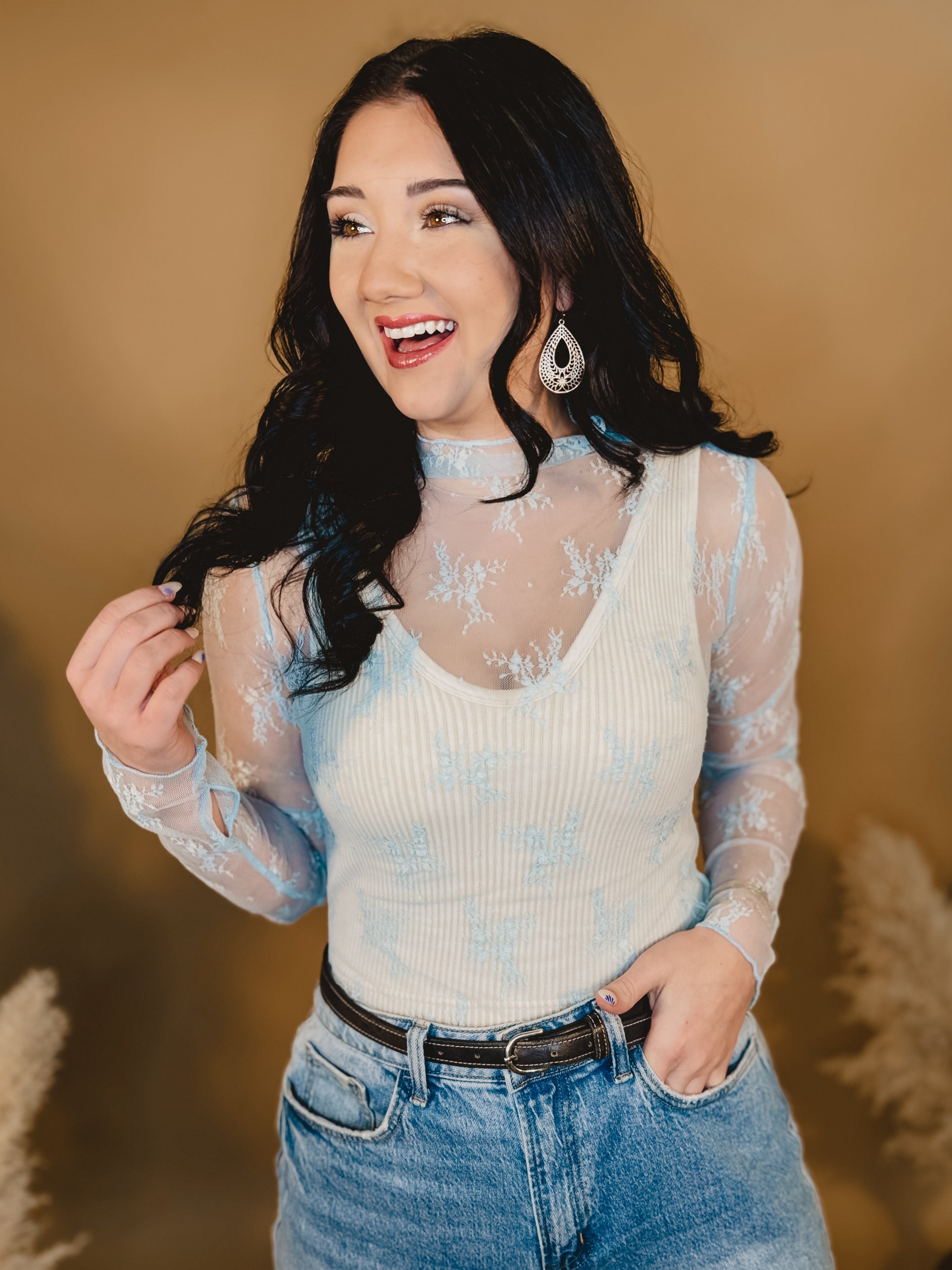 Mesh Lace High Neck Long Sleeve Top - Light Blue - Lace and Grace Boutique