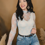 Mesh Lace High Neck Long Sleeve Top - Light Blue - Lace and Grace Boutique