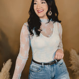 Mesh Lace High Neck Long Sleeve Top - Light Blue - Lace and Grace Boutique