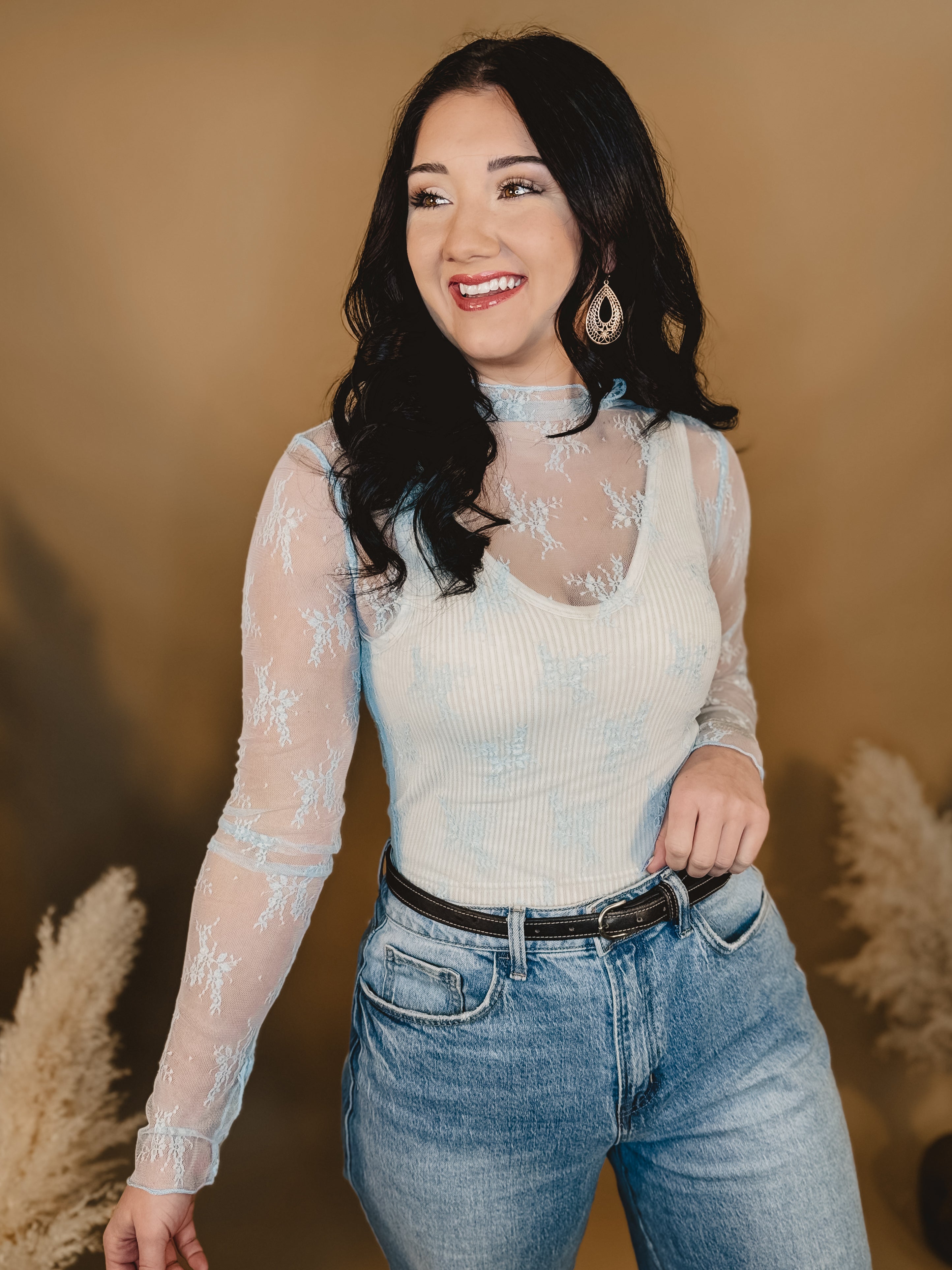 Mesh Lace High Neck Long Sleeve Top - Light Blue - Lace and Grace Boutique