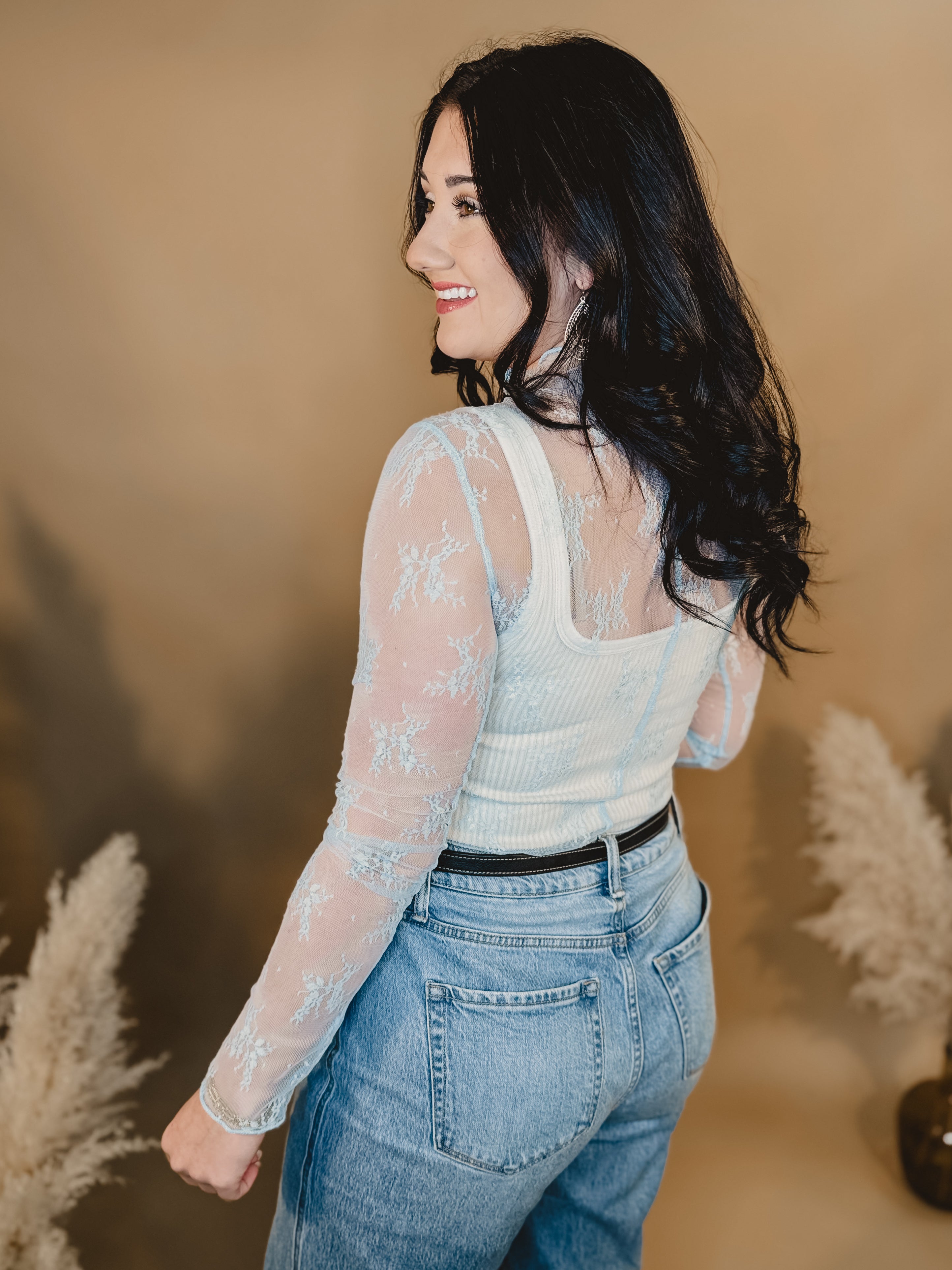 Mesh Lace High Neck Long Sleeve Top - Light Blue - Lace and Grace Boutique