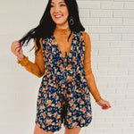 Washed Floral Denim Romper - Blue - Lace and Grace Boutique