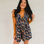 Washed Floral Denim Romper - Blue - Lace and Grace Boutique