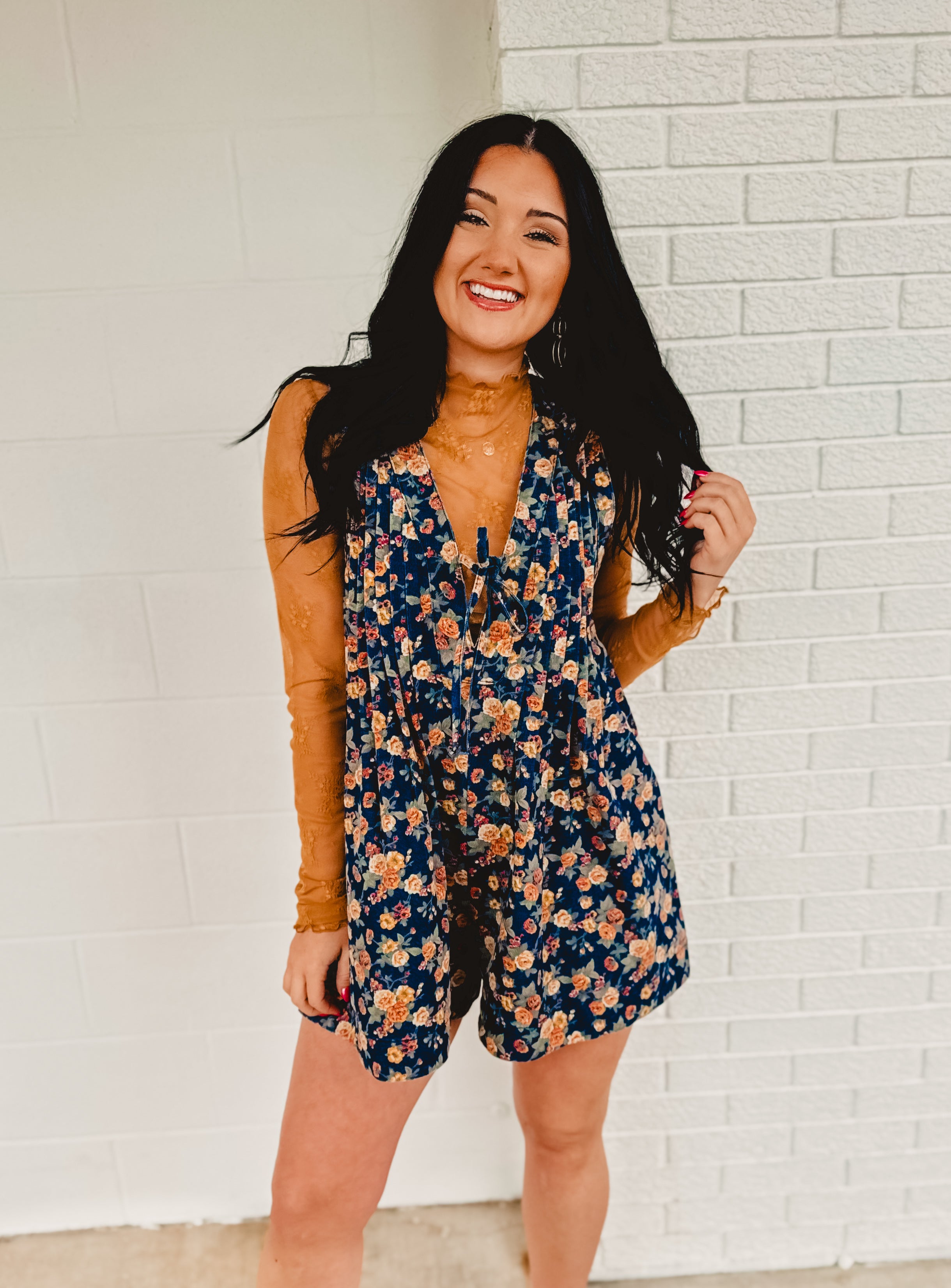 Washed Floral Denim Romper - Blue - Lace and Grace Boutique