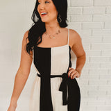 Color Block Linen Wide Leg Jumpsuit - Natural/Black - Lace and Grace Boutique