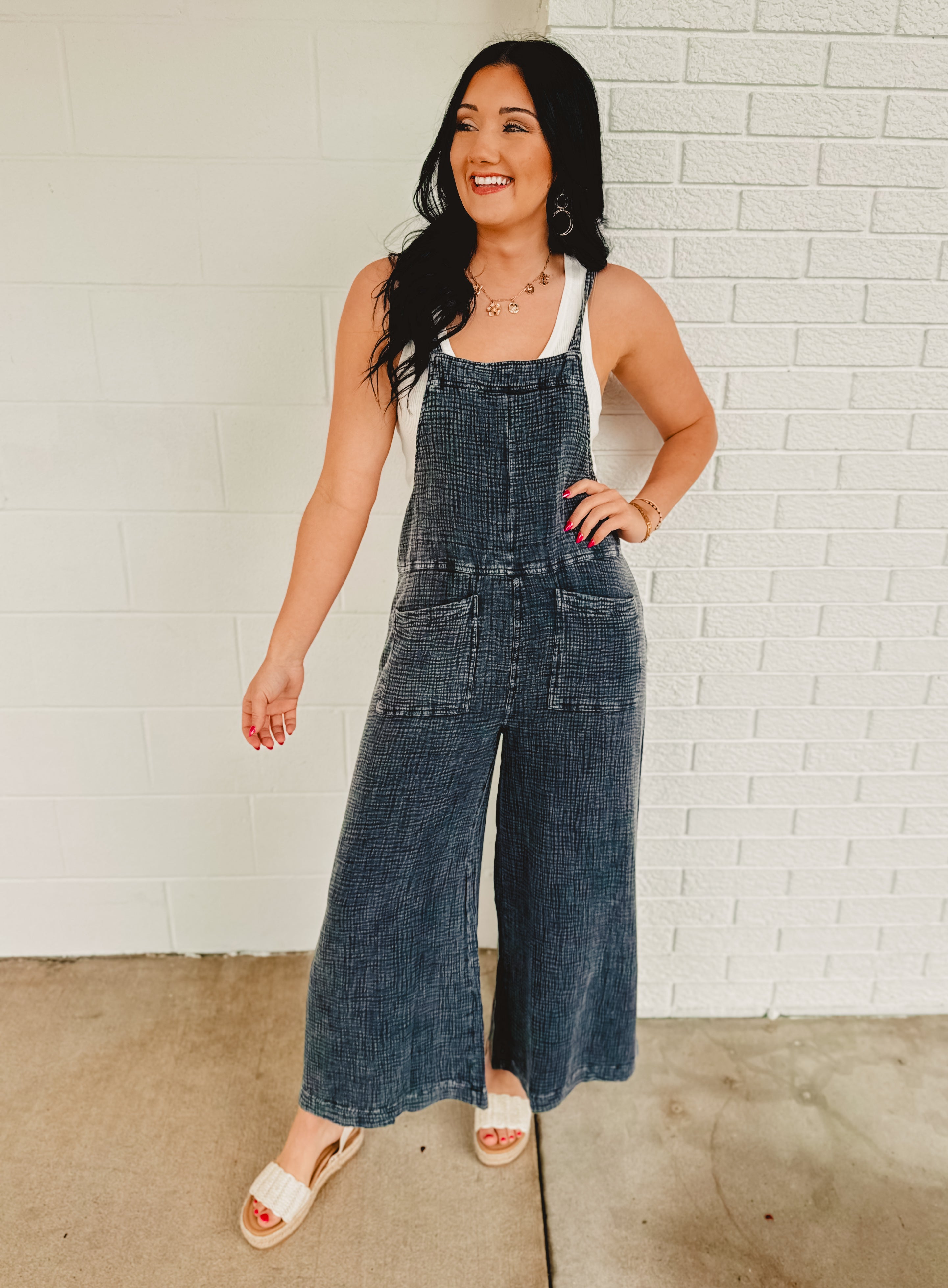 Mineral Washed Cotton Gauze Overalls - Faded Denim Black - Lace and Grace Boutique