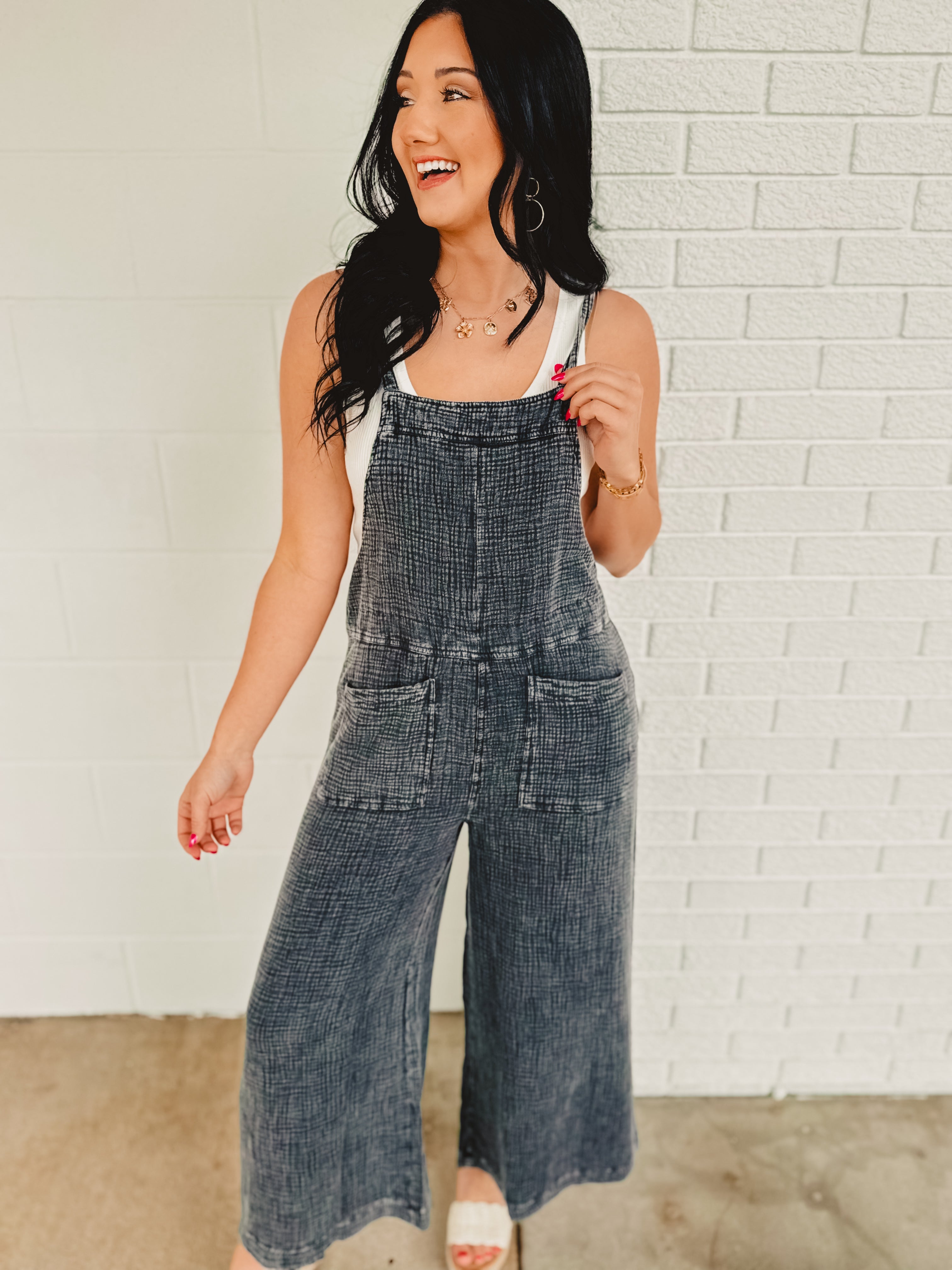 Mineral Washed Cotton Gauze Overalls - Faded Denim Black - Lace and Grace Boutique