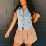 Denim Button Down Vest - Light Denim - Lace and Grace Boutique
