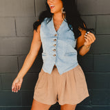 Denim Button Down Vest - Light Denim - Lace and Grace Boutique