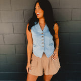 Denim Button Down Vest - Light Denim - Lace and Grace Boutique
