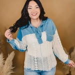 Collared Lace & Denim Top - Denim / Ivory - Lace and Grace Boutique