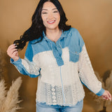 Collared Lace & Denim Top - Denim / Ivory - Lace and Grace Boutique