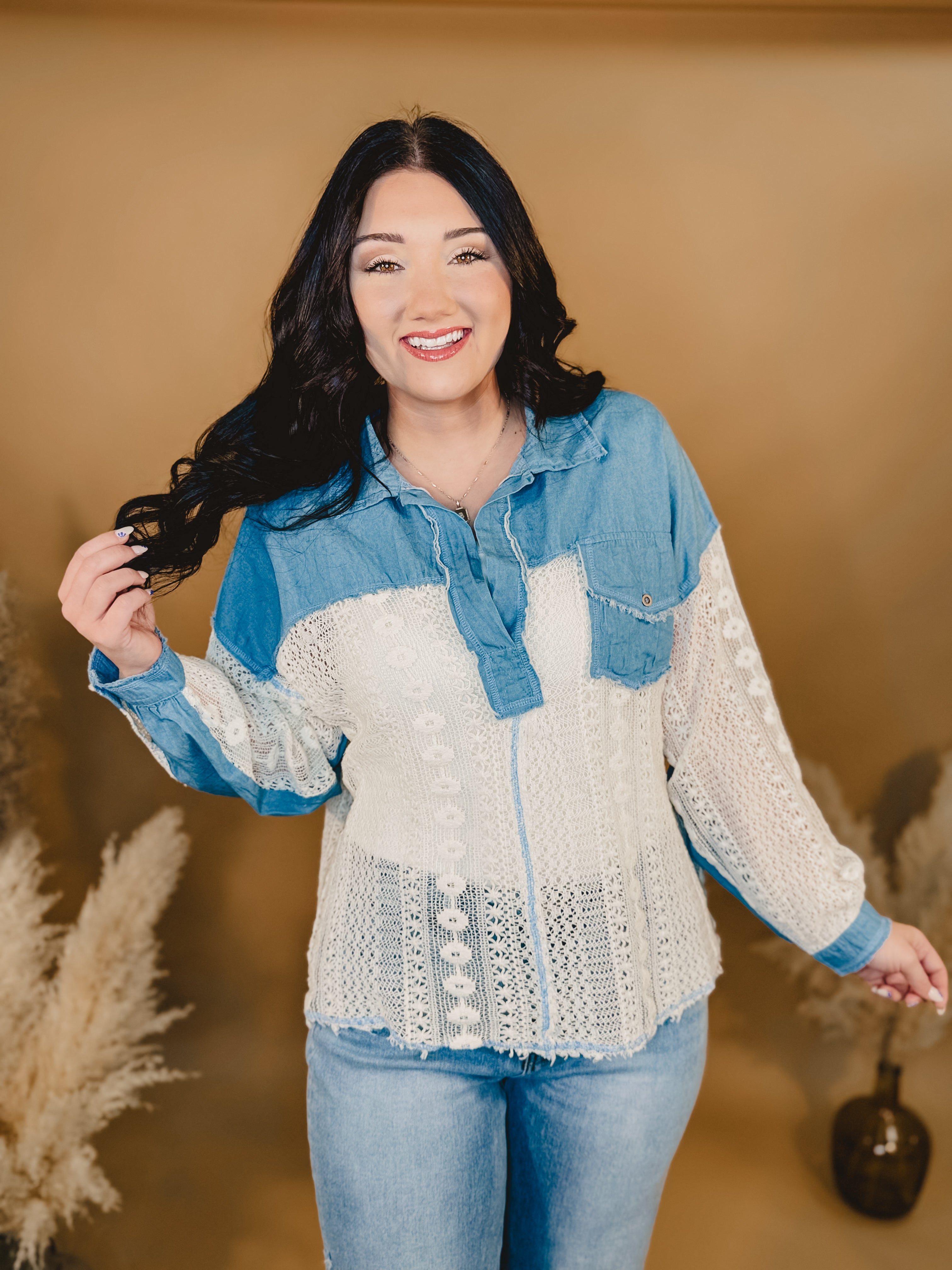 Collared Lace & Denim Top - Denim / Ivory - Lace and Grace Boutique