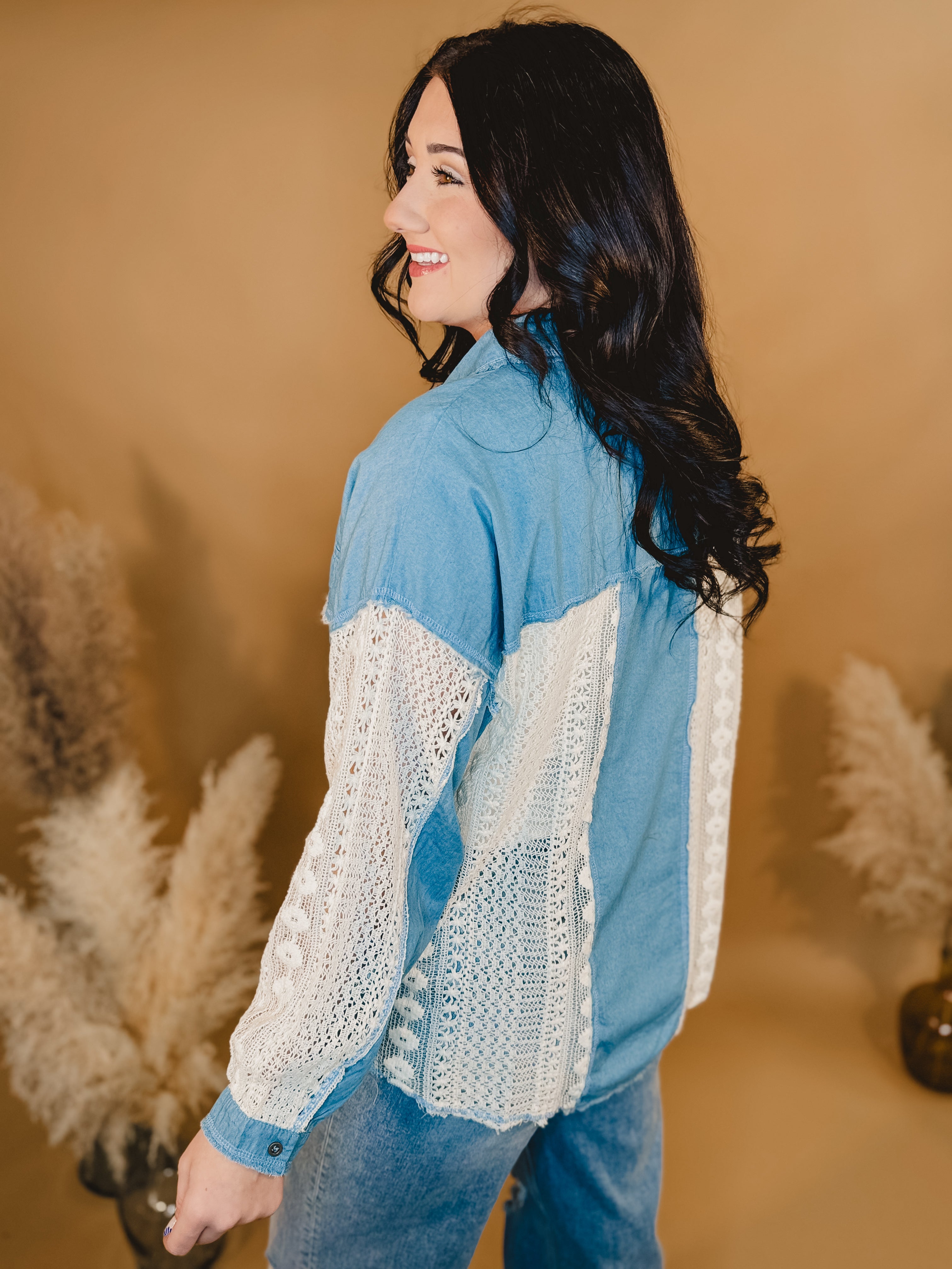 Collared Lace & Denim Top - Denim / Ivory - Lace and Grace Boutique