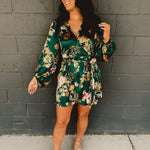 Floral Satin Wrap Dress - Emerald - Lace and Grace Boutique