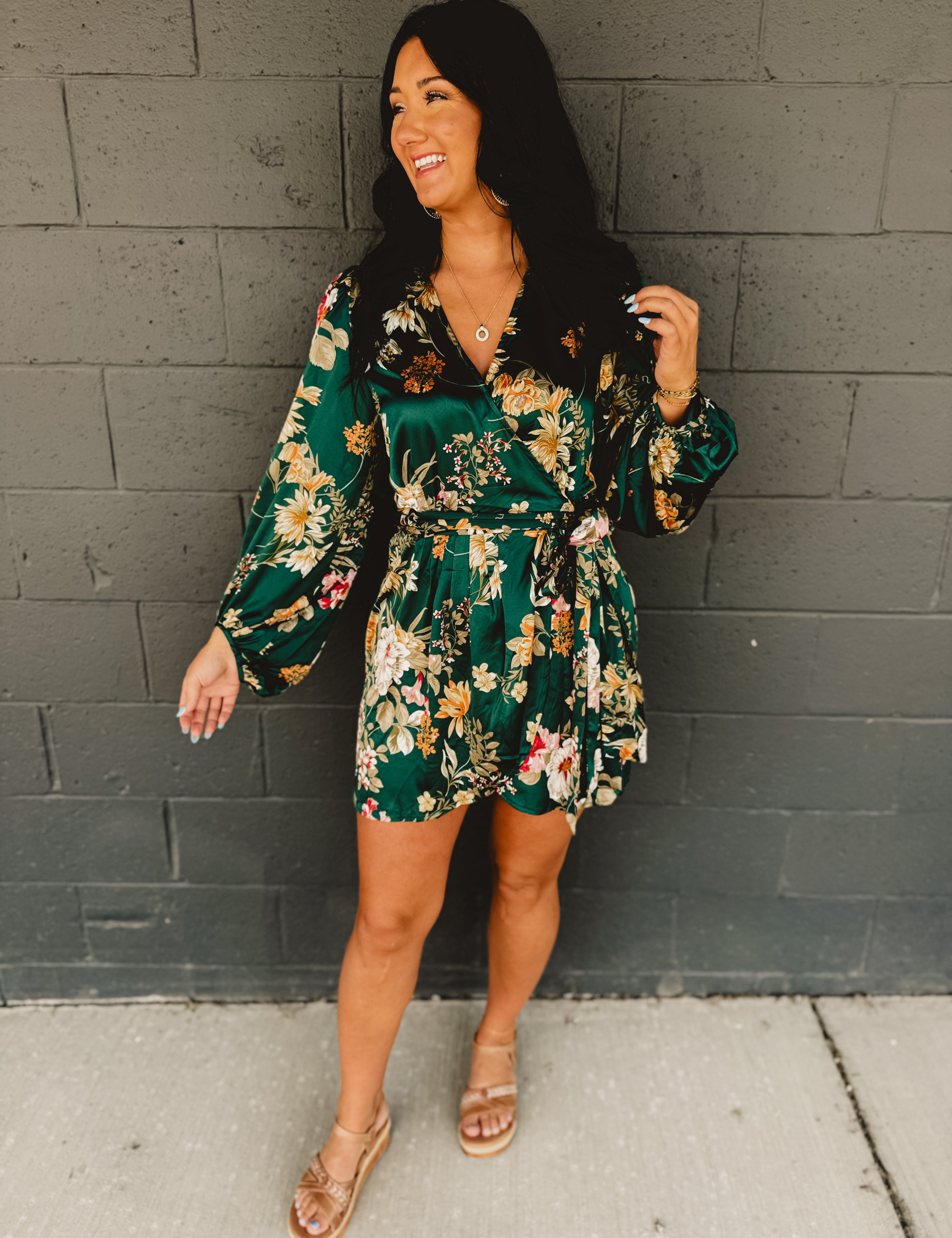 Floral Satin Wrap Dress - Emerald - Lace and Grace Boutique